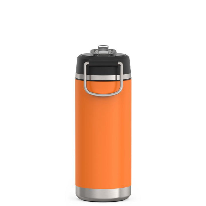 Thermos 18 ounce Stainless Steel Water Bottle with flip-up straw, back view, Orange.