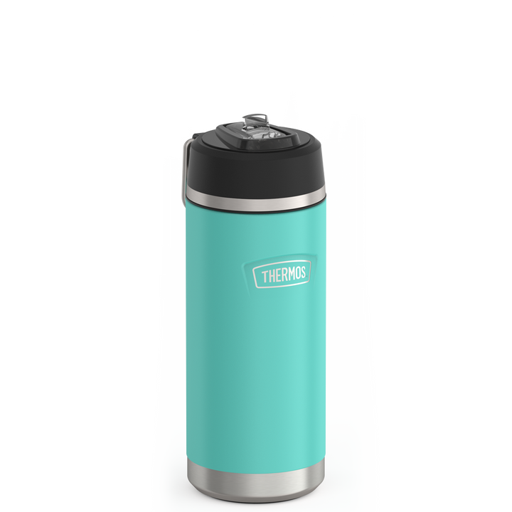 Thermos 18 ounce Stainless Steel Water Bottle with flip-up straw, side view with metal handle down, Seafoam.