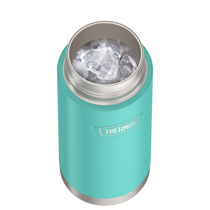 Thermos 18 ounce Stainless Steel Water Bottle with flip-up straw, top view with lid off and showing ice inside, Seafoam.