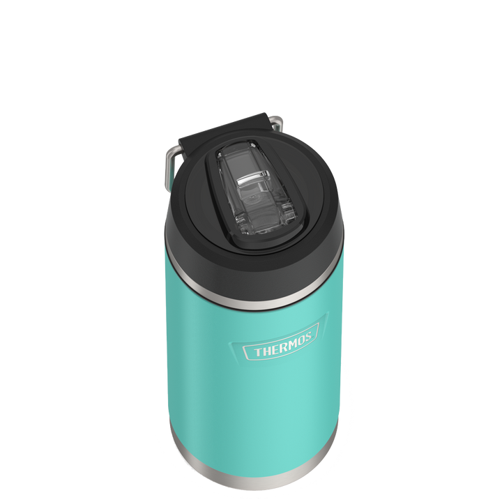 Thermos 18 ounce Stainless Steel Water Bottle with flip-up straw, top view with straw flipped down, Seafoam.