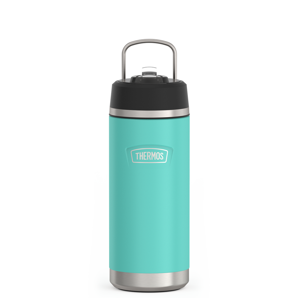 Thermos 18 ounce Stainless Steel Water Bottle with flip-up straw, front view with metal handle up, Seafoam.