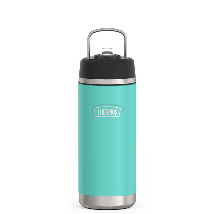 Thermos 18 ounce Stainless Steel Water Bottle with flip-up straw, front view with metal handle up, Seafoam.