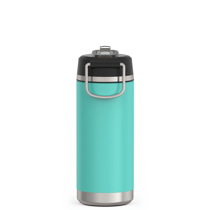 Thermos 18 ounce Stainless Steel Water Bottle with flip-up straw, back view, Seafoam.