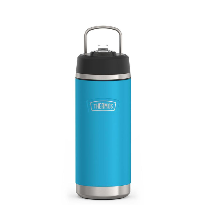 Thermos 18 ounce Stainless Steel Water Bottle with flip-up straw, front view with metal handle up, Dark Teal.