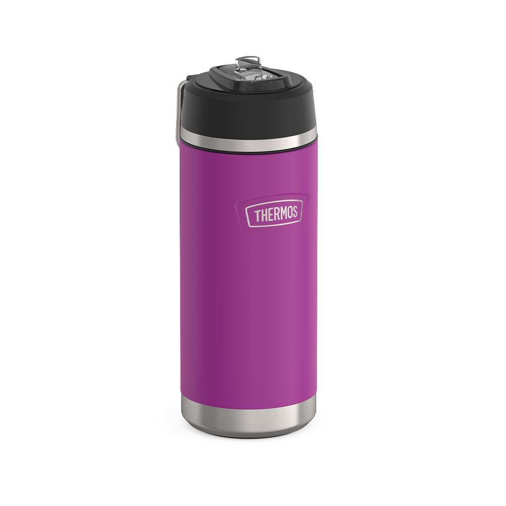 Thermos 18 ounce Stainless Steel Water Bottle with flip-up straw, side view with metal handle down, Plum Purple.