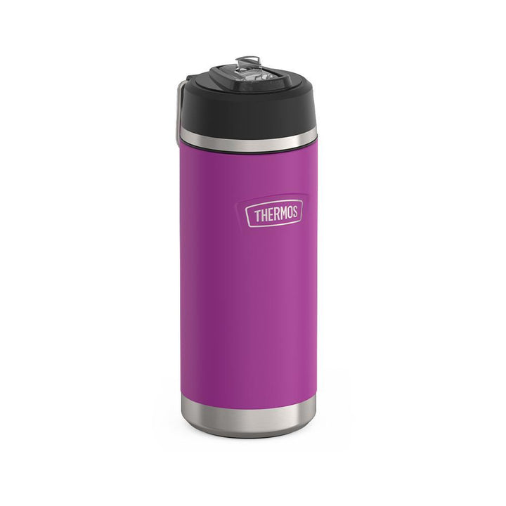 Thermos 18 ounce Stainless Steel Water Bottle with flip-up straw, side view with metal handle down, Plum Purple.