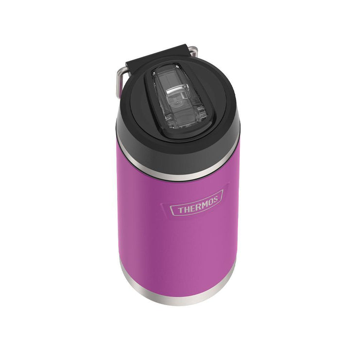 Thermos 18 ounce Stainless Steel Water Bottle with flip-up straw, top view with straw flipped down, Plum Purple.