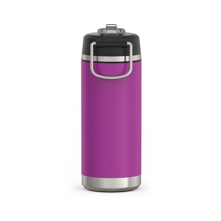 Thermos 18 ounce Stainless Steel Water Bottle with flip-up straw, back view, Plum Purple.
