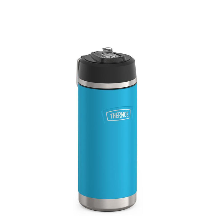Thermos 18 ounce Stainless Steel Water Bottle with flip-up straw, side view with metal handle down, Dark Teal.