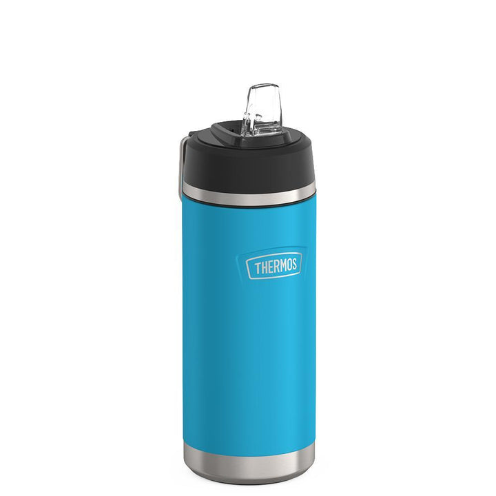 Thermos 18 ounce Stainless Steel Water Bottle with flip-up straw, side view with straw up and metal handle down, Dark Teal.