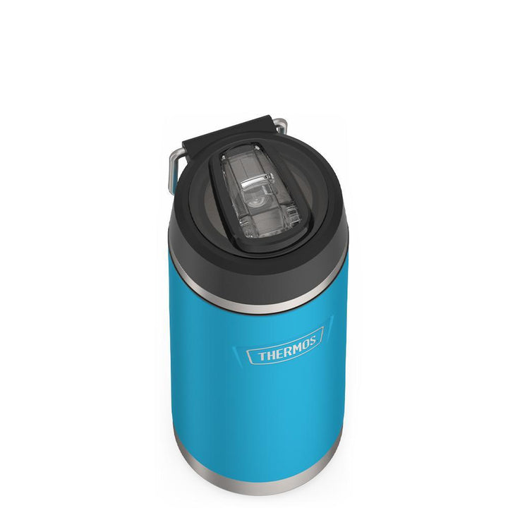 Thermos 18 ounce Stainless Steel Water Bottle with flip-up straw, top view with straw flipped down, Dark Teal.