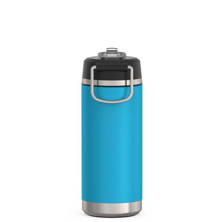 Thermos 18 ounce Stainless Steel Water Bottle with flip-up straw, back view, Dark Teal.