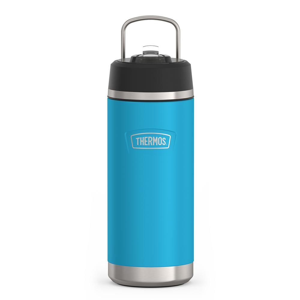 Thermos 18 ounce Stainless Steel Water Bottle with flip-up straw, front view with metal handle up, Dark Teal.