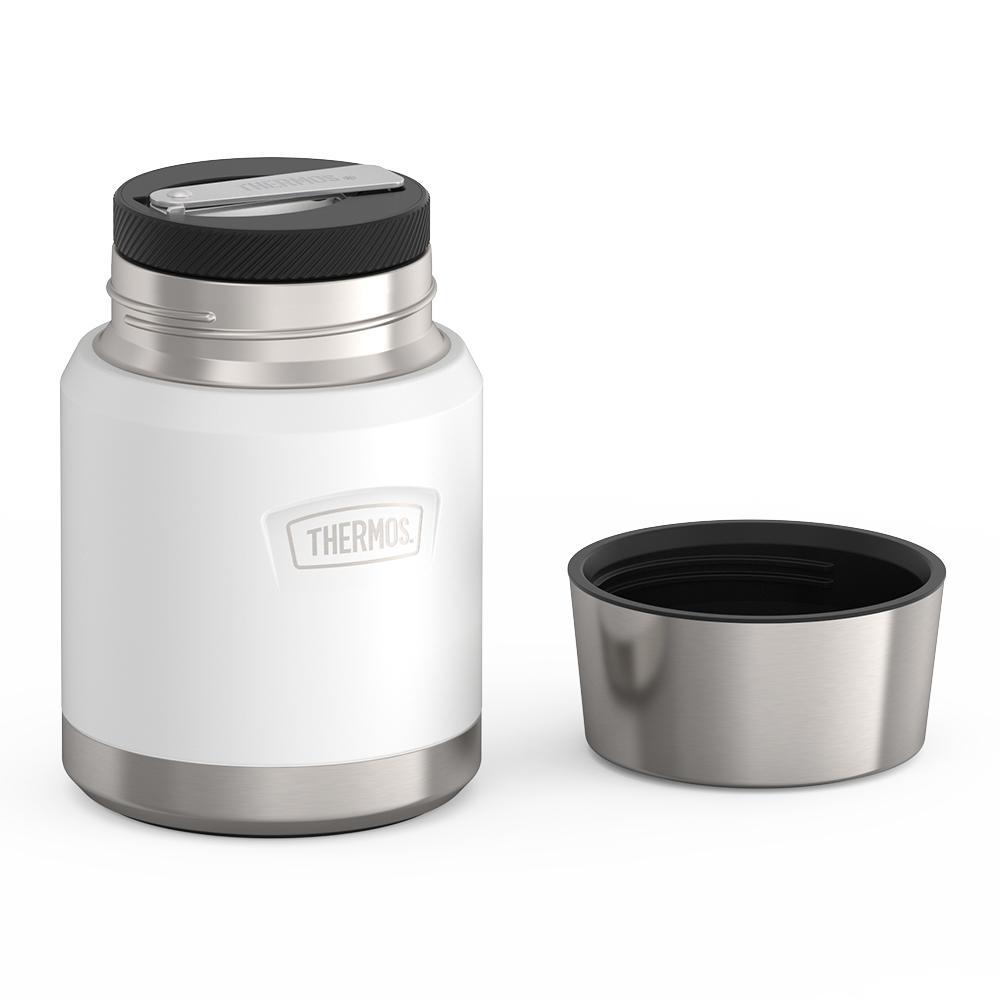 16 ounce Thermos Food Jar with stainless steel spoon, lid off and spoon folded inside of spoon holder, Snow White.