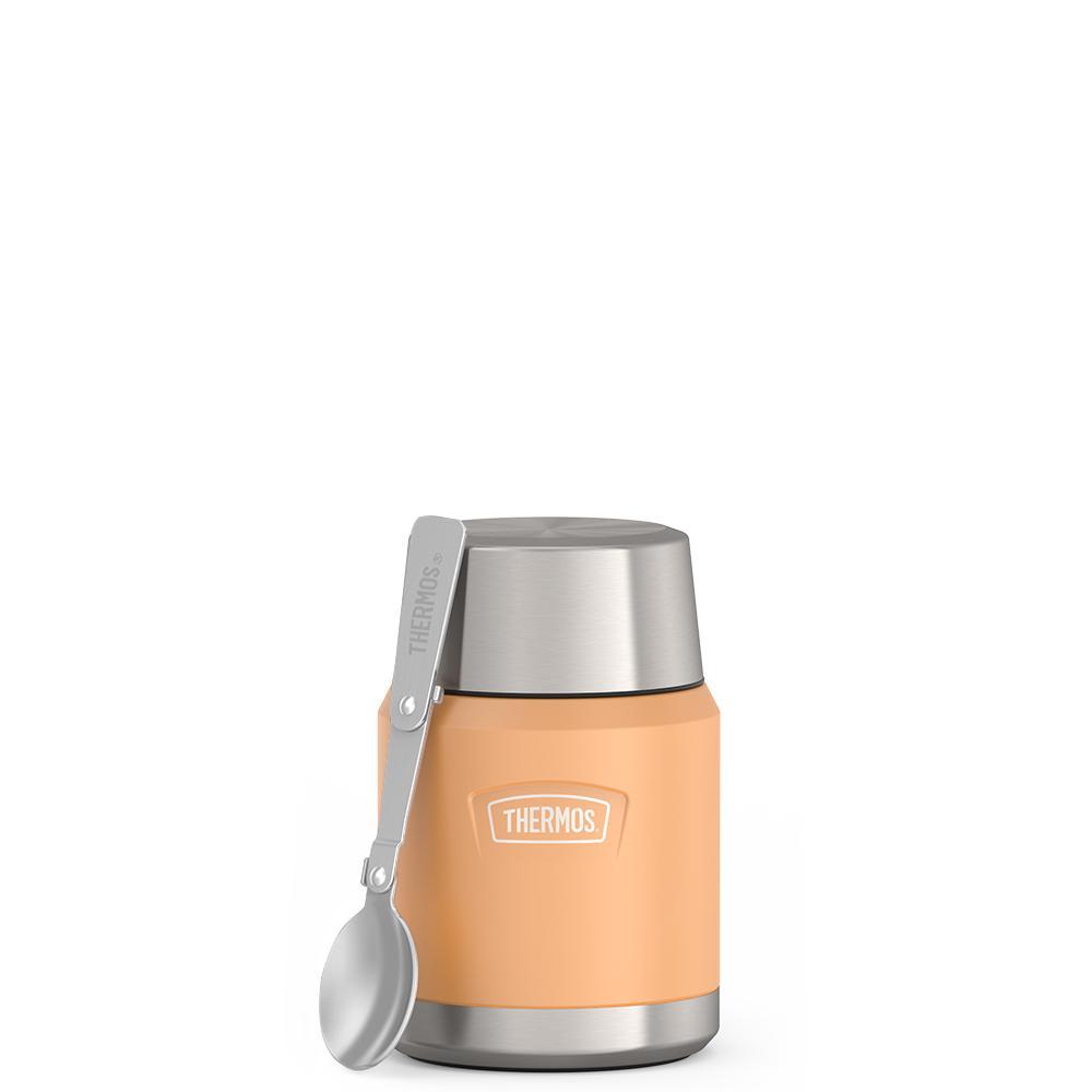 16 ounce Thermos Food Jar with stainless steel spoon, front view, spoon unfolded and leaning on the food jar, Melon Orange.