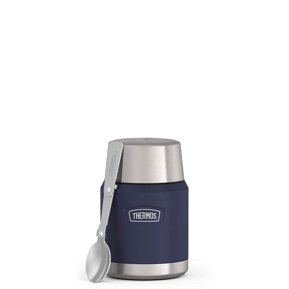 16 ounce Thermos Food Jar with stainless steel spoon, front view, spoon unfolded and leaning on the food jar, Mystic Navy.