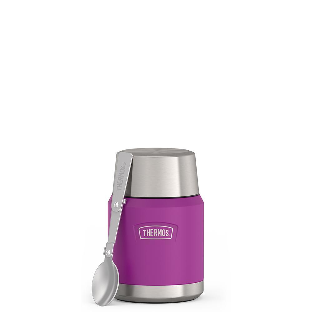 16 ounce Thermos Food Jar with stainless steel spoon, front view, spoon unfolded and leaning on the food jar, Plum Purple.