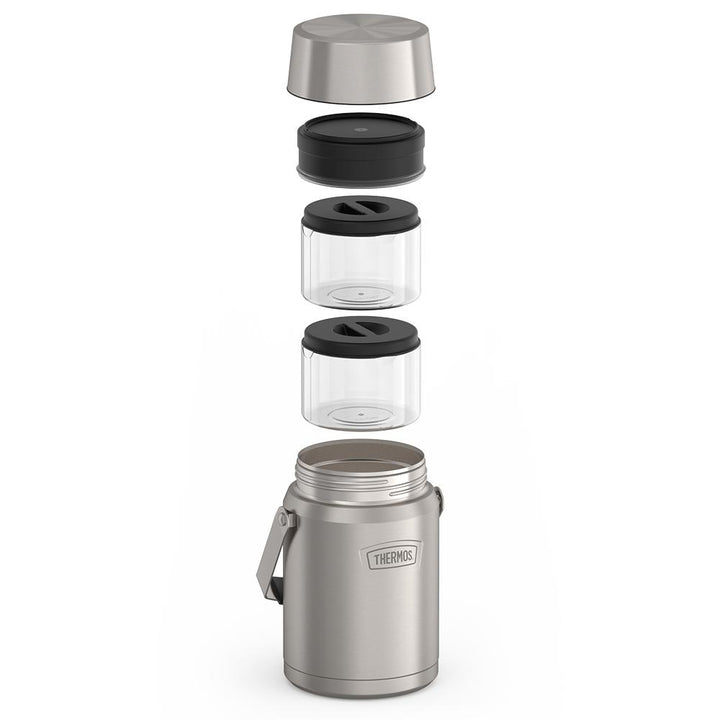 47 ounce Matte Stainless Steel Icon Food Jar, exploded view with two empty containers.
