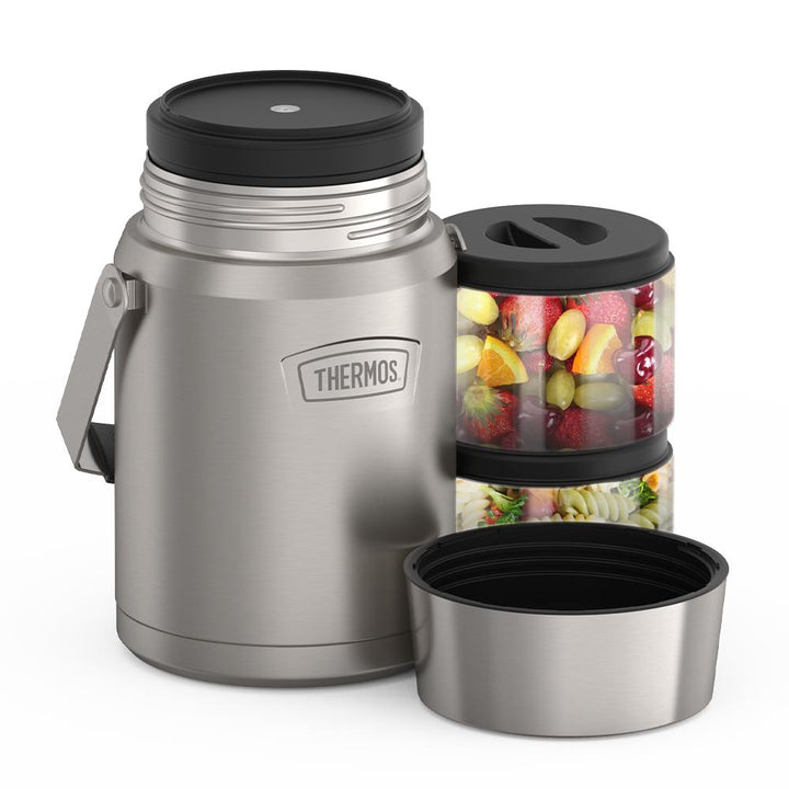 47 ounce Matte Stainless Steel Icon Food Jar with side containers of fruit and pasta salad