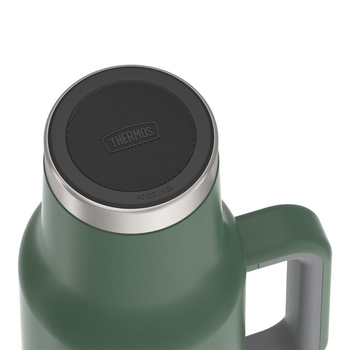 Thermos 40 ounce stainless steel cup holder mug with straw.