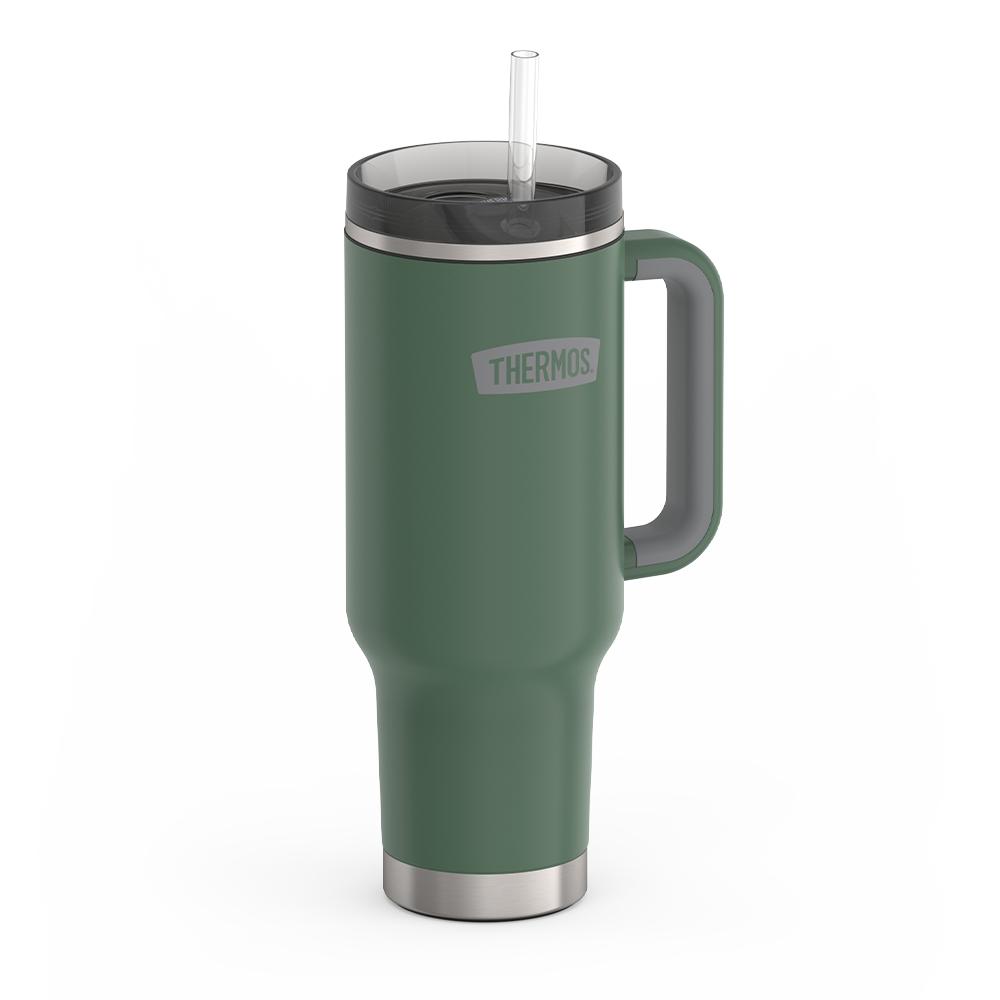 Thermos 40 ounce stainless steel cup holder mug with straw.