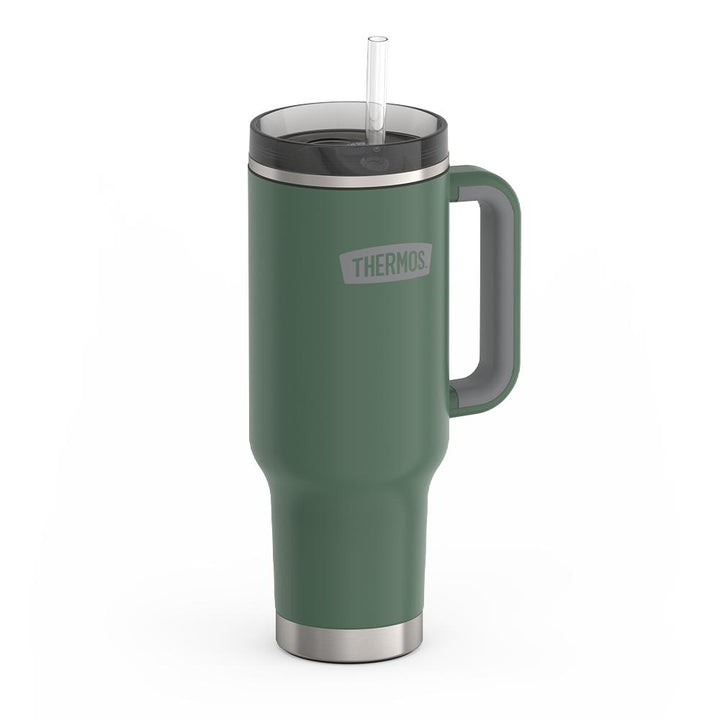 Thermos 40 ounce stainless steel cup holder mug with straw.