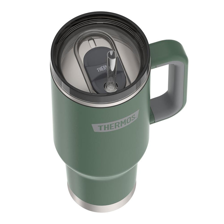 Thermos 40 ounce stainless steel cup holder mug with straw.