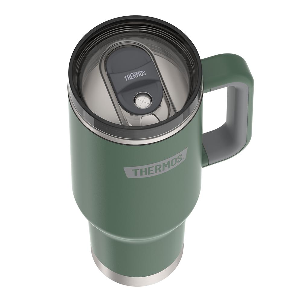 Thermos 40 ounce stainless steel cup holder mug with straw.