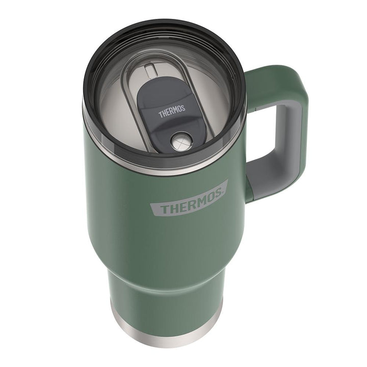 Thermos 40 ounce stainless steel cup holder mug with straw.