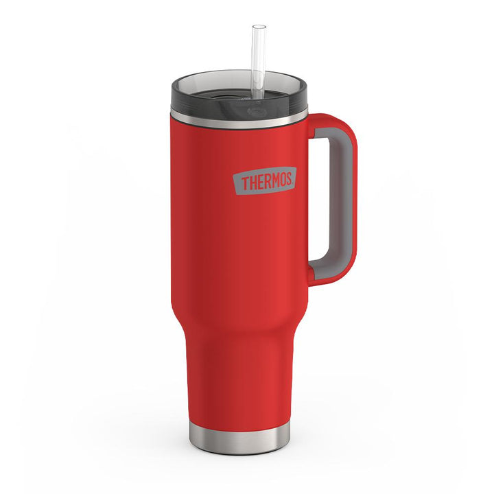 Thermos 40 ounce stainless steel cup holder mug with straw.