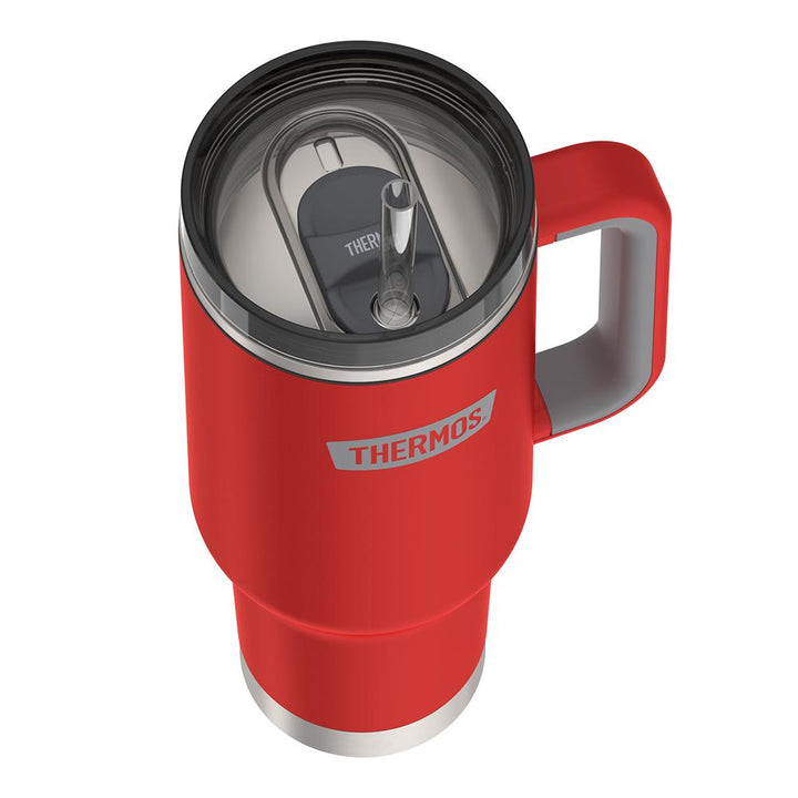 Thermos 40 ounce stainless steel cup holder mug with straw.
