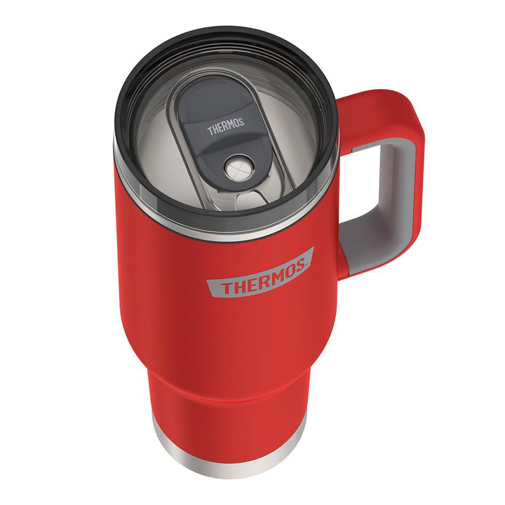 Thermos 40 ounce stainless steel cup holder mug with straw.