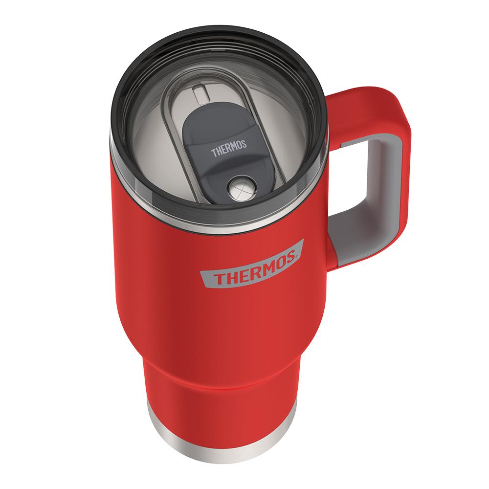 Thermos 40 ounce stainless steel cup holder mug with straw.