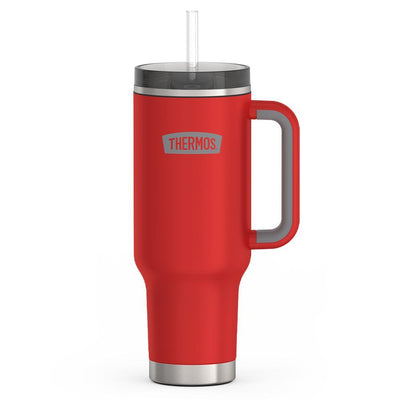 Thermos 40 ounce stainless steel cup holder mug with straw.