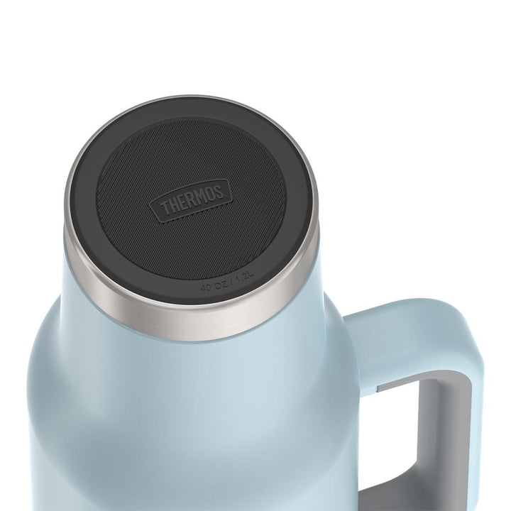 Thermos 40 ounce stainless steel cup holder mug with straw.