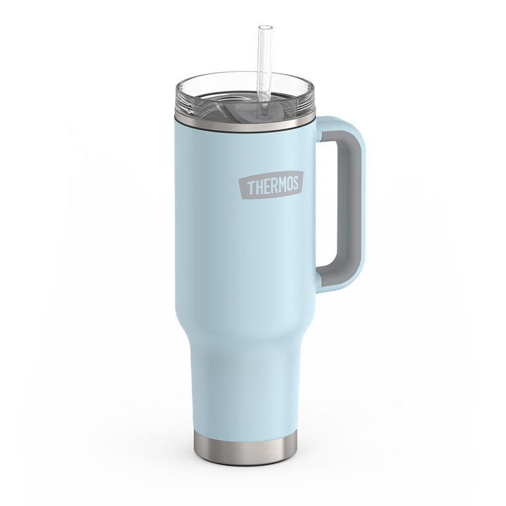 Thermos 40 ounce stainless steel cup holder mug with straw.