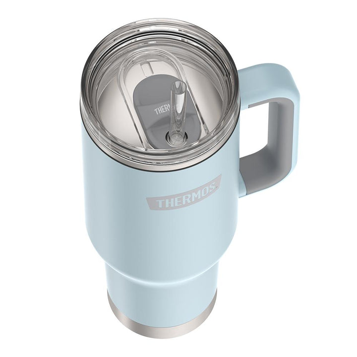 Thermos 40 ounce stainless steel cup holder mug with straw.