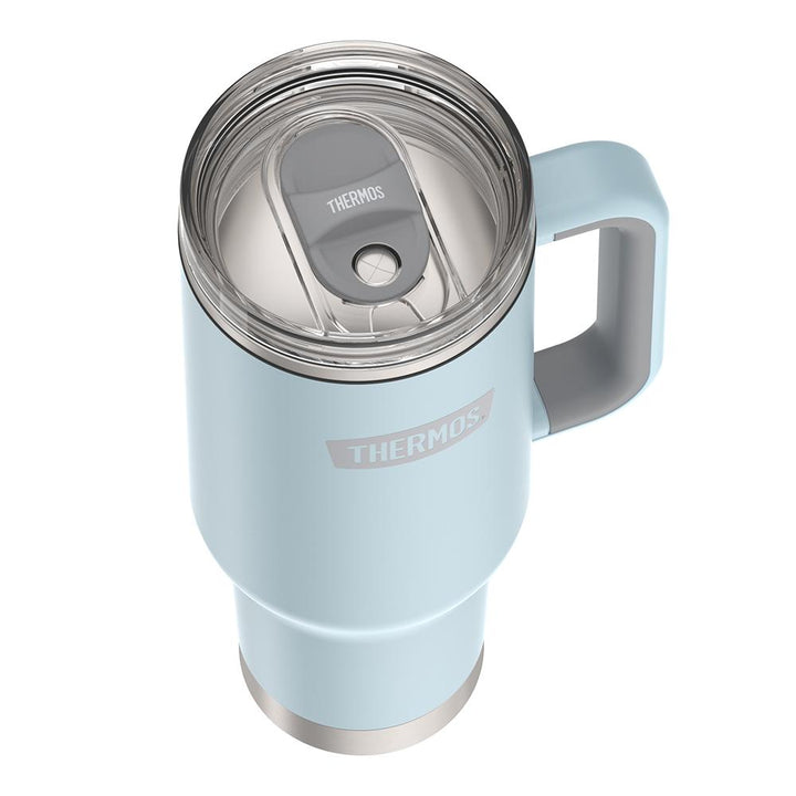 Thermos 40 ounce stainless steel cup holder mug with straw.