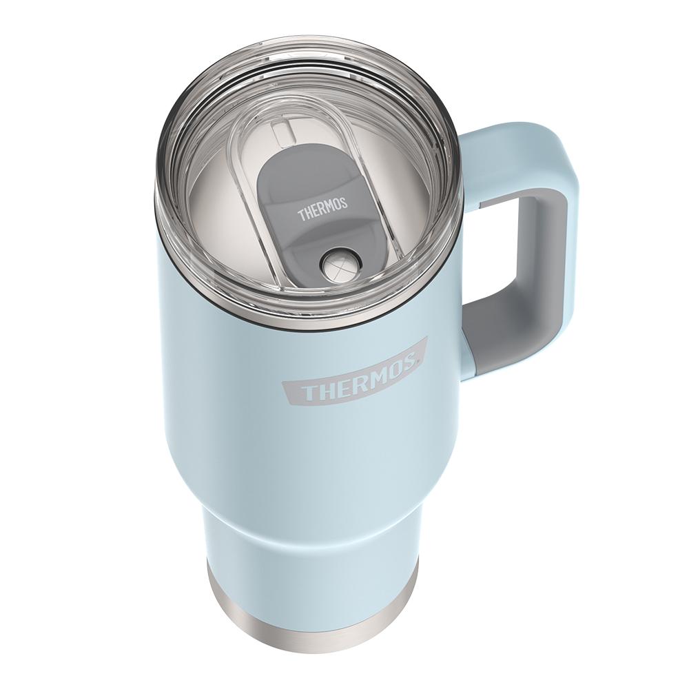 Thermos 40 ounce stainless steel cup holder mug with straw.