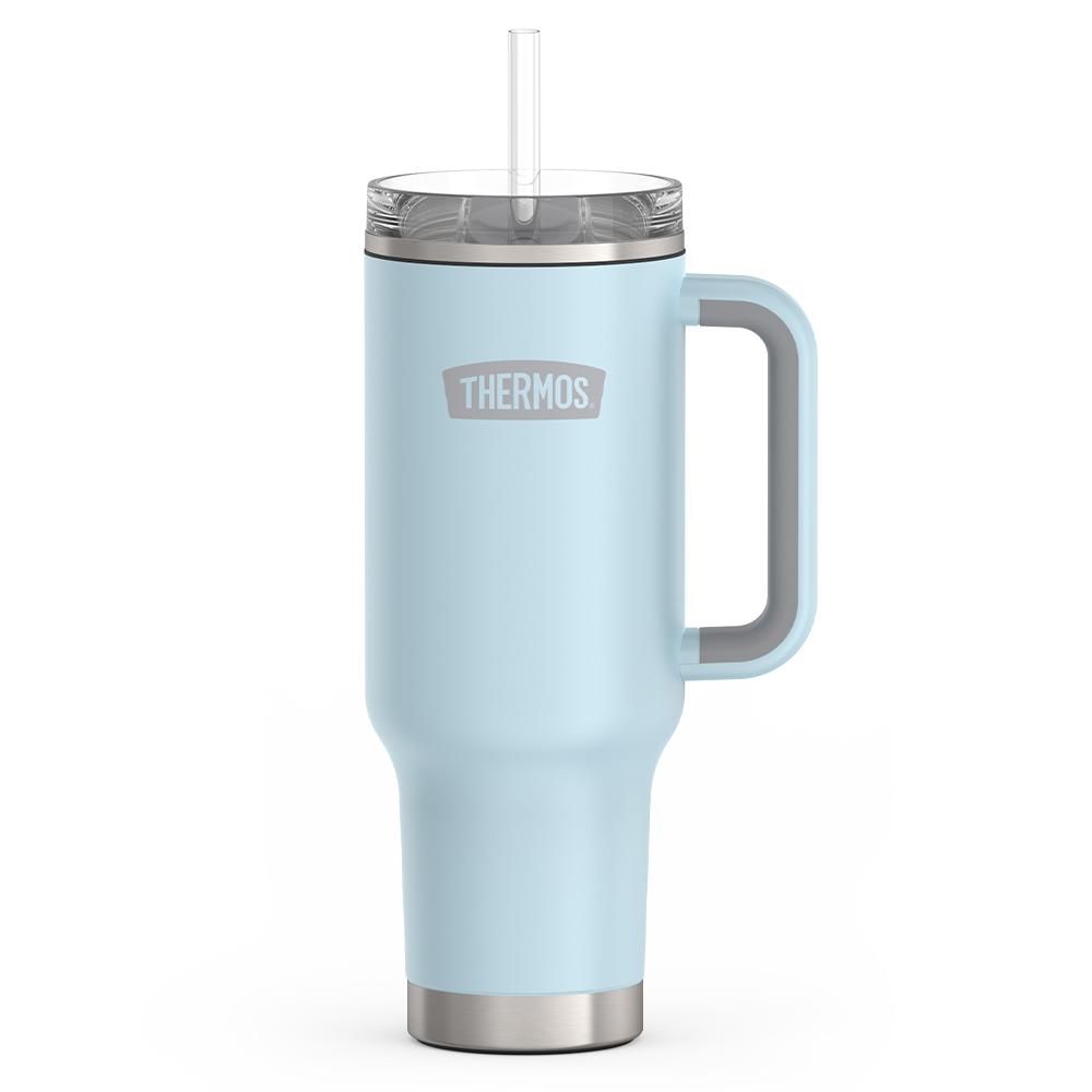 Thermos 40 ounce stainless steel cup holder mug with straw.