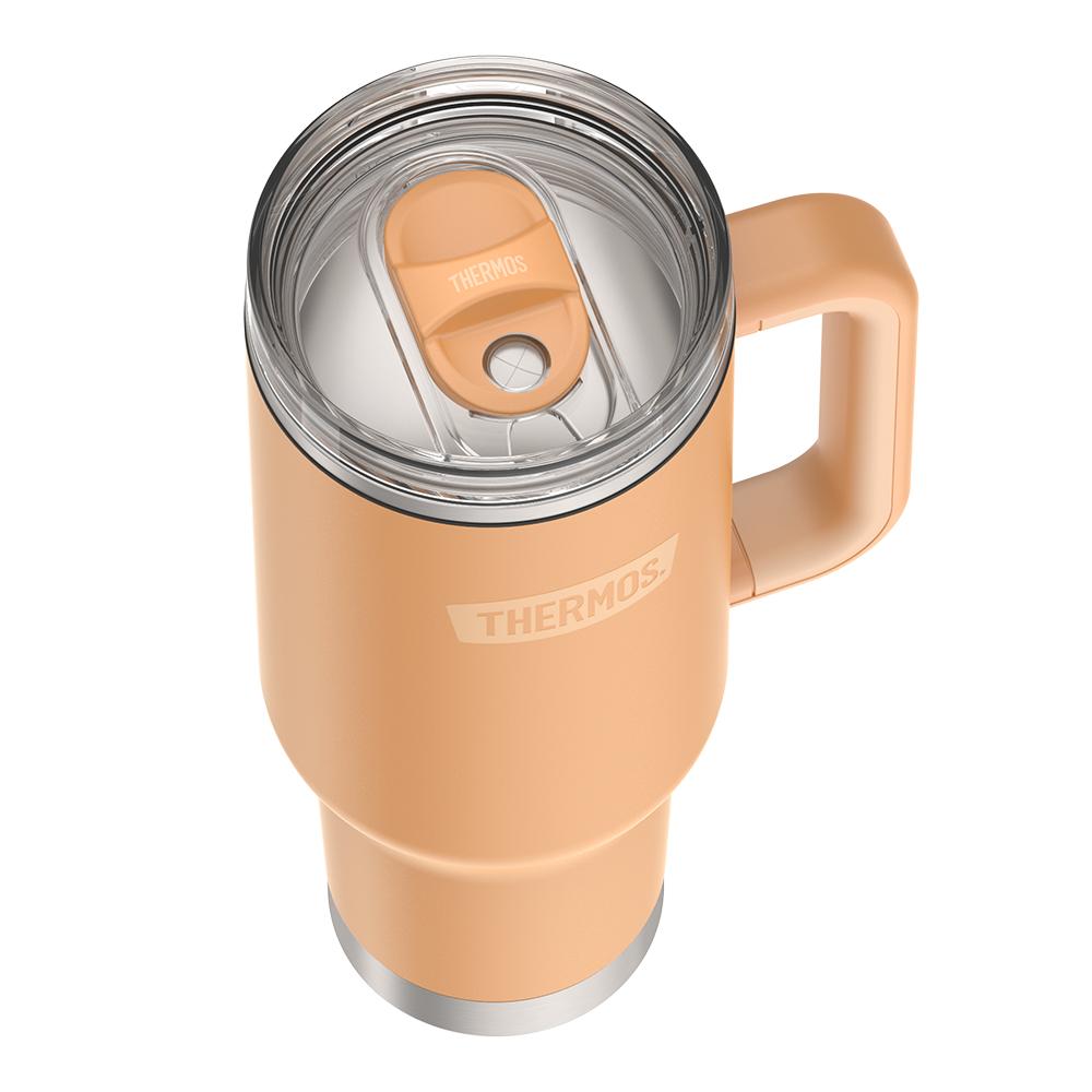 Thermos 40 ounce stainless steel cup holder mug with straw.