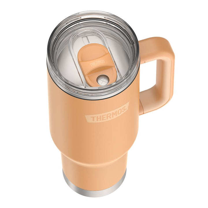 Thermos 40 ounce stainless steel cup holder mug with straw.