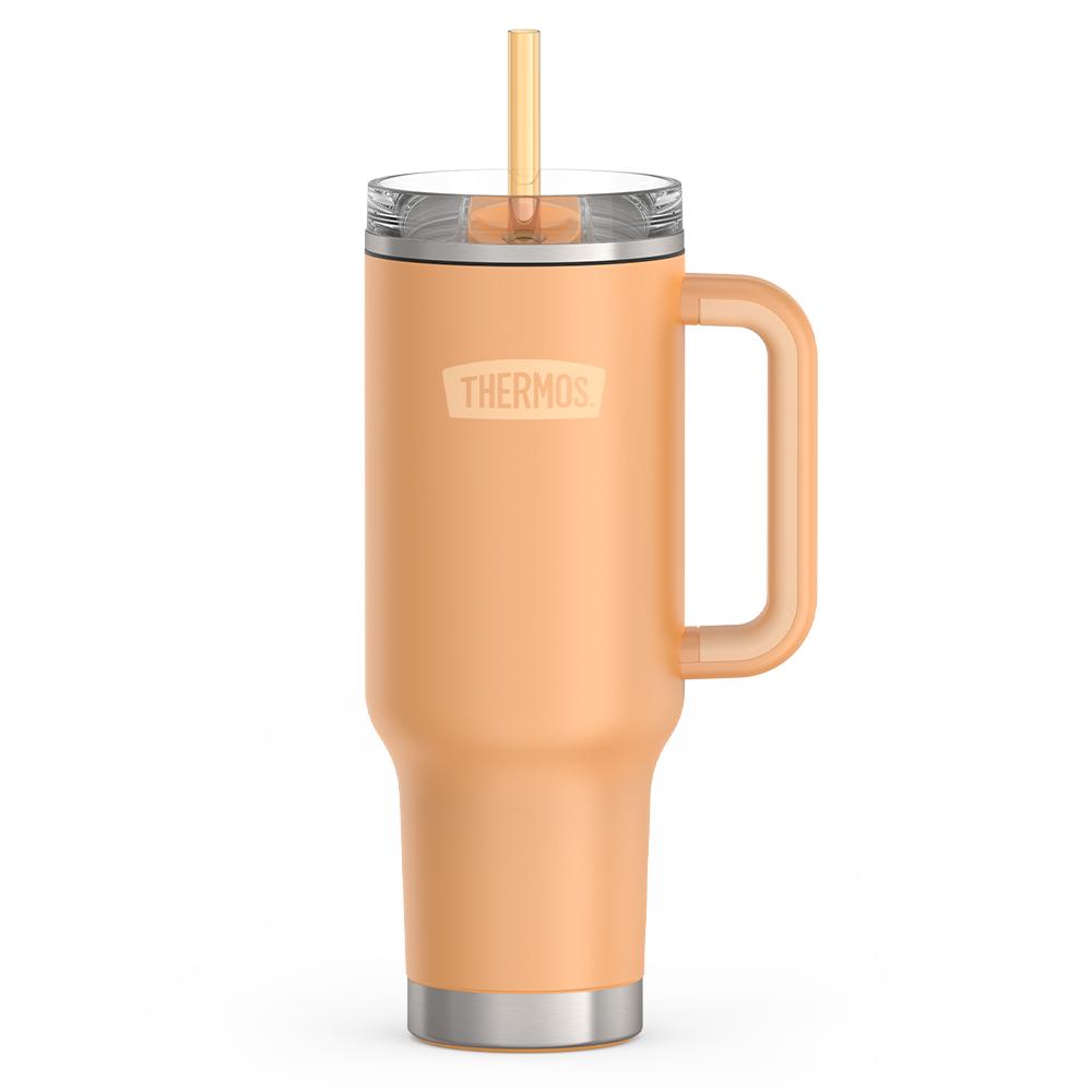 Thermos 40 ounce stainless steel cup holder mug with straw.