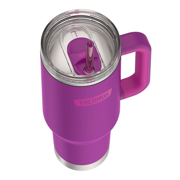 Thermos 40 ounce stainless steel cup holder mug with straw.