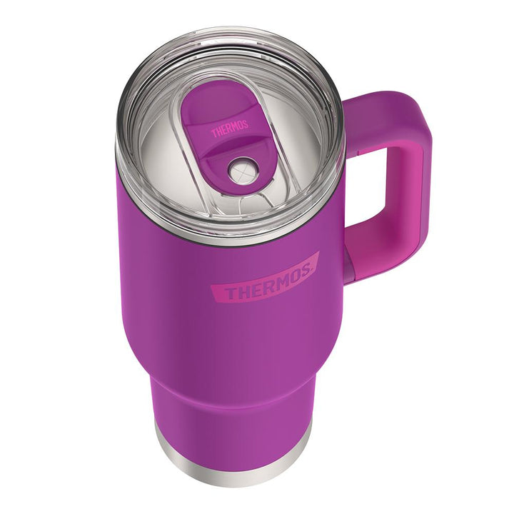 Thermos 40 ounce stainless steel cup holder mug with straw.