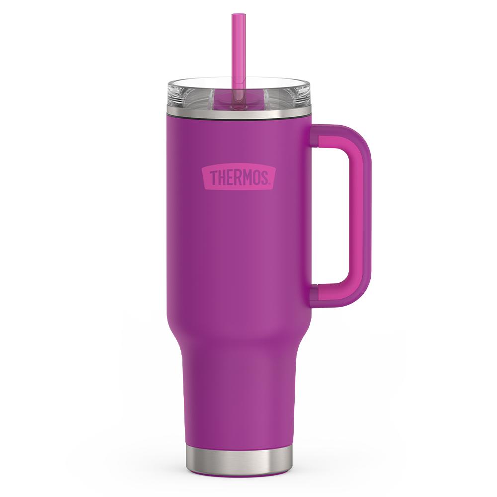 Thermos 40 ounce stainless steel cup holder mug with straw.