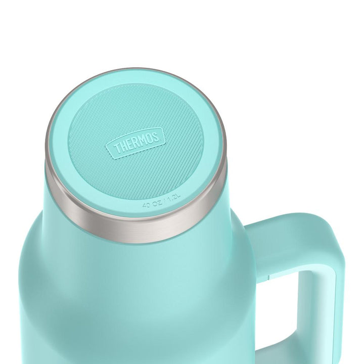 Thermos 40 ounce stainless steel cup holder mug with straw.