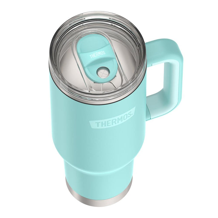 Thermos 40 ounce stainless steel cup holder mug with straw.