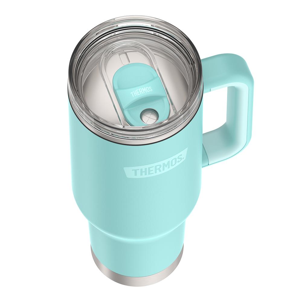 Thermos 40 ounce stainless steel cup holder mug with straw.