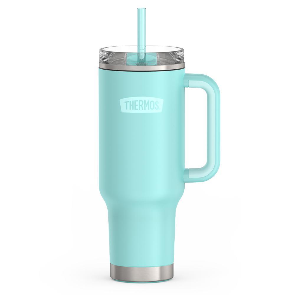 Thermos 40 ounce stainless steel cup holder mug with straw.